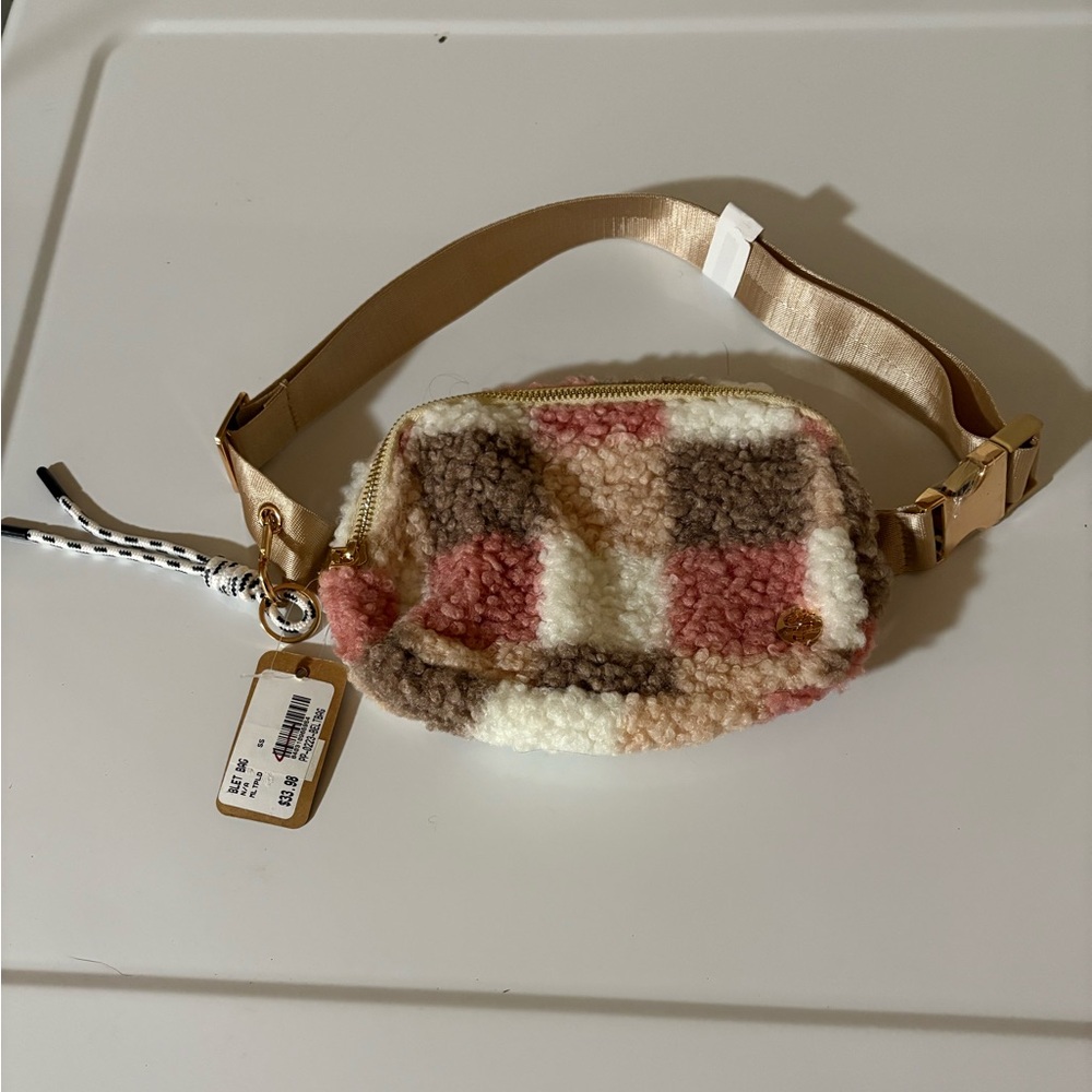 Simply Southern Fuzzy Checkered Fanny pack - Cream, Brown, Pink